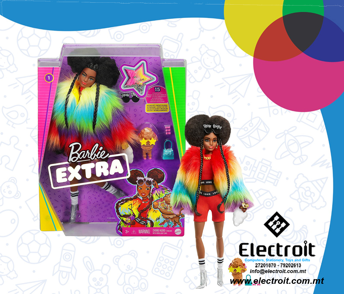 Barbie Extra Doll #1 in Rainbow Coat with Pet Poodle for Kids 3 Years Old & Up