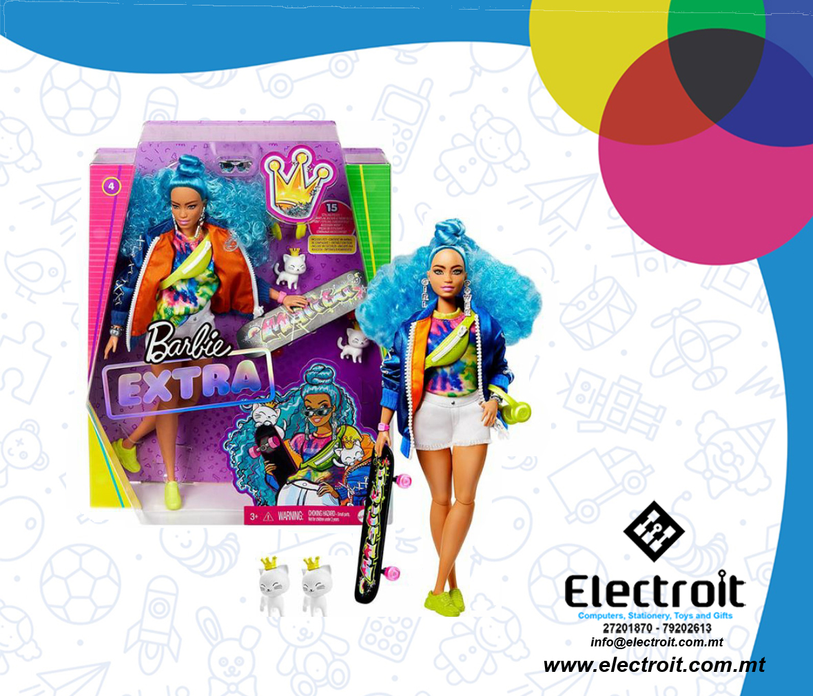 Barbie Extra Doll #4 with Skateboard & 2 Kittens for Kids 3 Years Old & Up