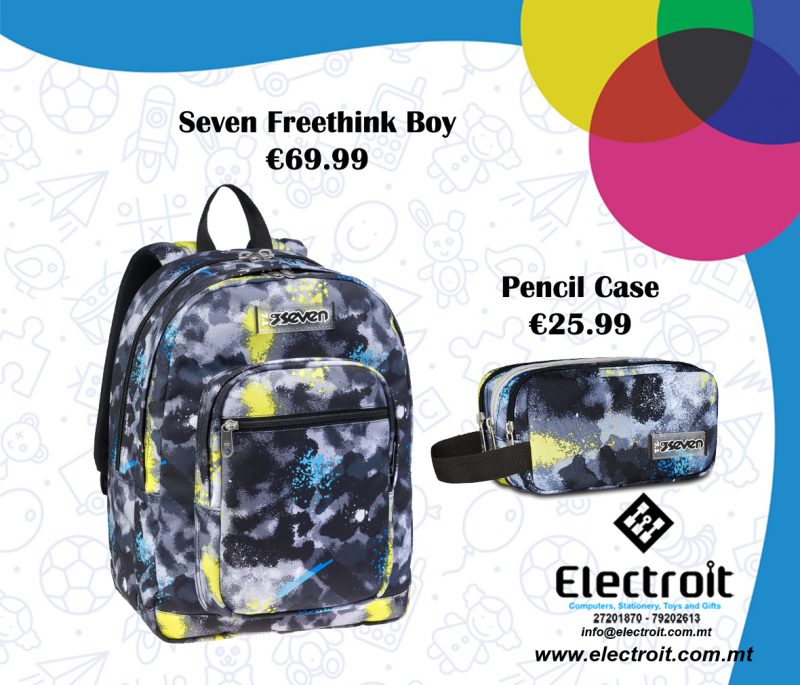 Seven Freethink Backpack & Pencil Case Grey, Blue & Yellow Design
