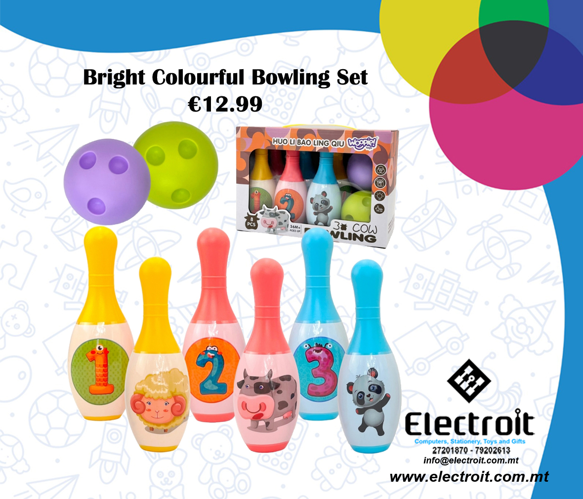Woopie Colorful Animals and Number Bowling Pins for Kids